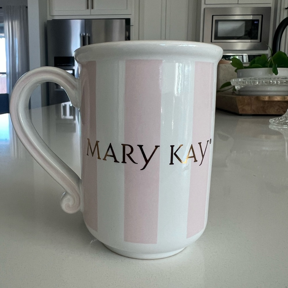 Mary Kay Vintage Coffee / Tea Mug - Pink & White Striped - Gold Script Ceramic - Picture 2 of 11